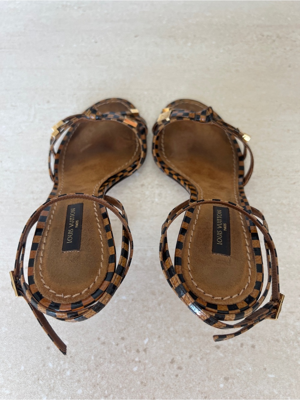 Vintage Louis Vuitton Damier Brown Checkered Strappy Sandals with Gold Accents - Picture 8 of 9